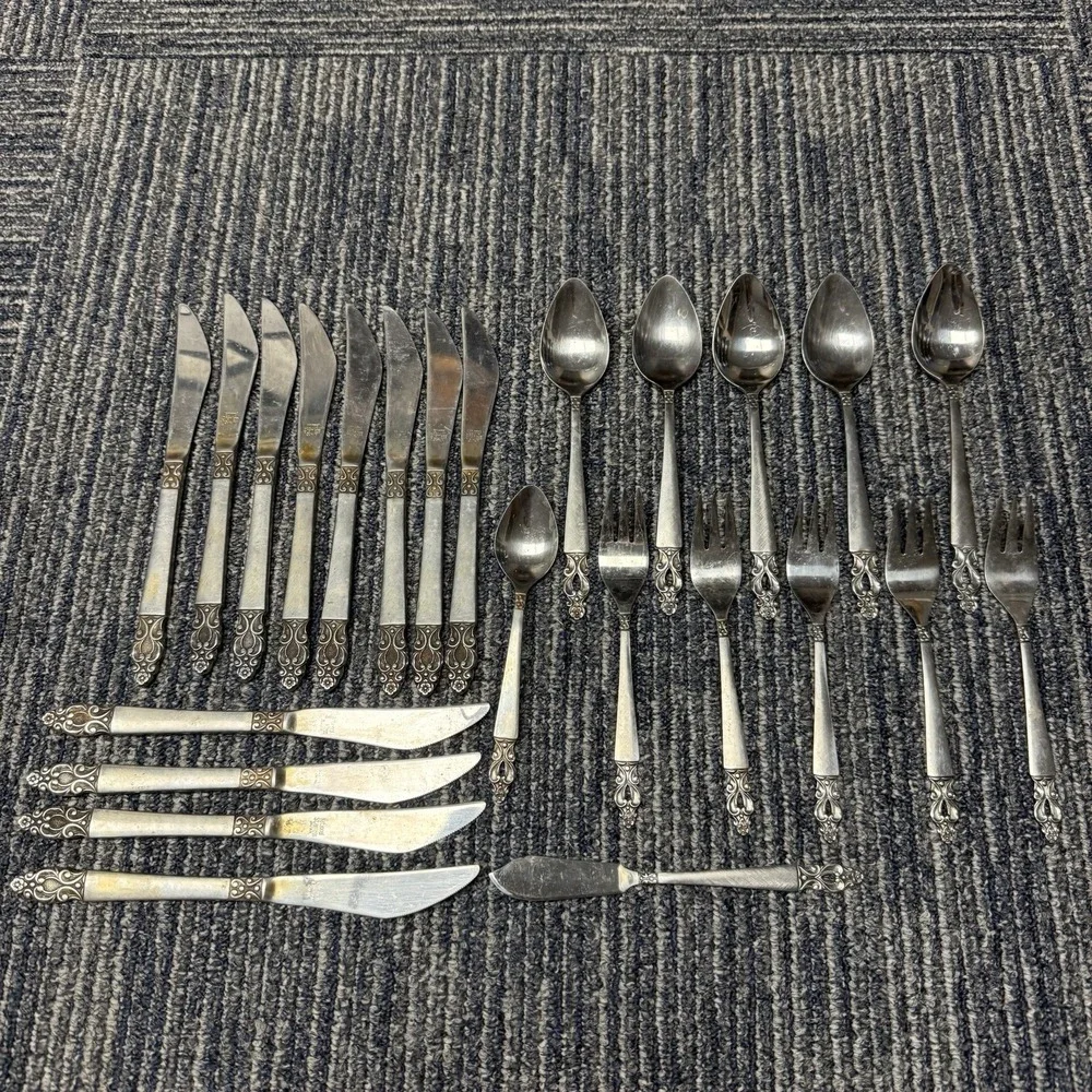 Vtg National Stainless Pierced Olaf Flatware 24 Pc Set Spoons Forks Knives *read